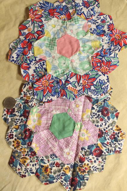 1930s 40s vintage pieced patchwork quilt blocks, Grandma's flower garden all cotton print fabrics