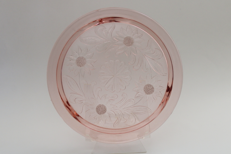 1930s 40s vintage pink depression glass cake plate, Jeannette sunflower pattern
