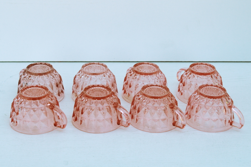 1930s 40s vintage pink depression glass teacups or punch cups, diamond pattern Windsor Jeannette glass