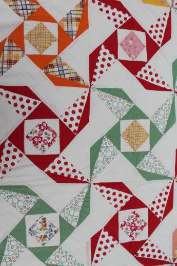 1930s - 40s vintage pinwheel quilt, cotton feed sack print patchwork quilt