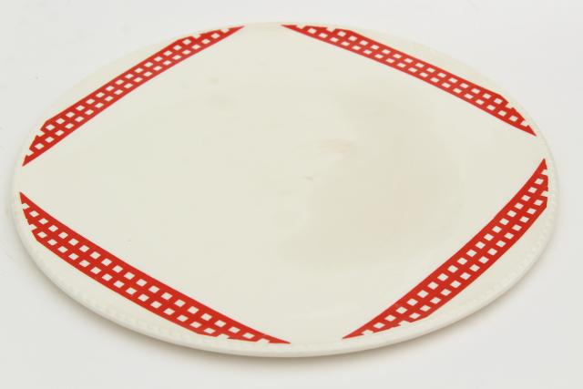 1930s 40s vintage red checked gingham china cake plate, round serving tray or platter