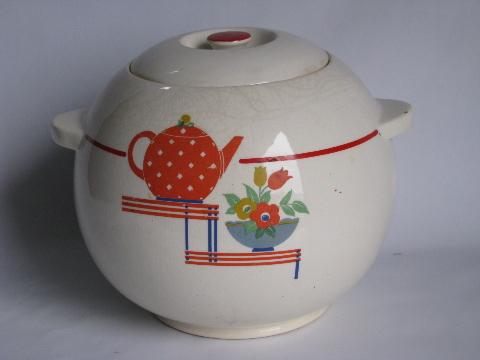 1930s - 40s vintage round ball art deco kitchenware cookie jar, Pottery Guild