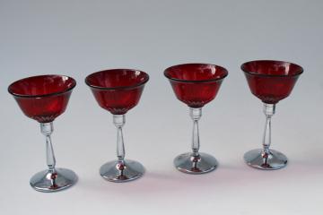 1930s New Martinsville ruby red cocktail glasses, art deco chrome stems Farberware