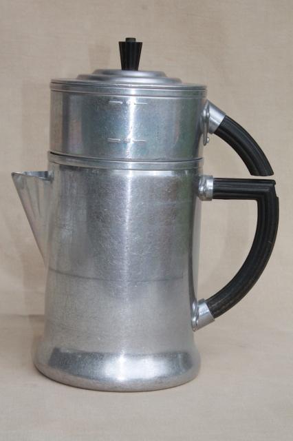 1930s art deco bakelite handle coffee percolator, Wear-Ever aluminum pot #956