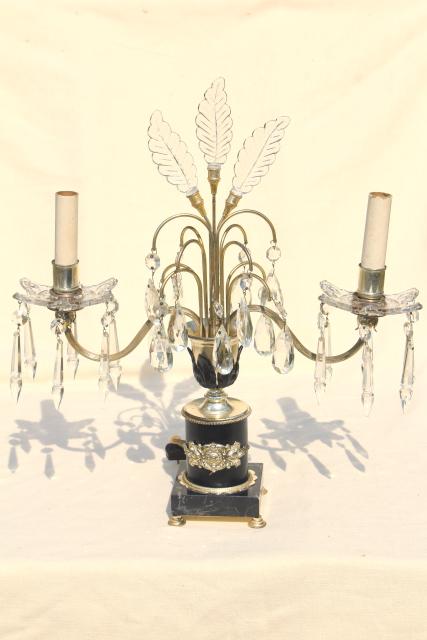 1930s Art Deco Vintage Mantel Lamps W Glass Feather Fleur De Lis Plumes And Prisms 