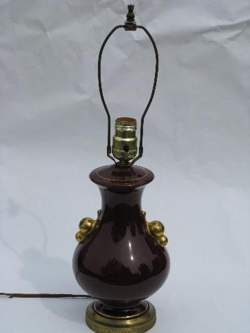 1930's art deco vintage pottery table lamp, wine-maroon color