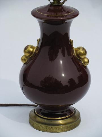 1930's art deco vintage pottery table lamp, wine-maroon color