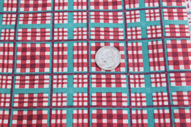 1930s cotton feed sack fabric, vintage green  barn red plaid print for holiday sewing