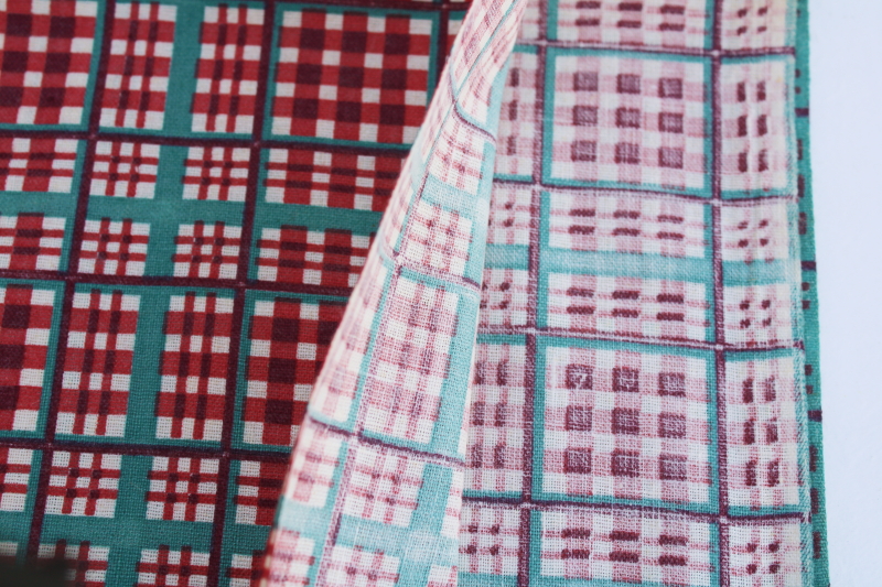 1930s cotton feed sack fabric, vintage green  barn red plaid print for holiday sewing