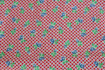 1930s depression era cotton fabric, checks w/ floral print, red, jade green, blue