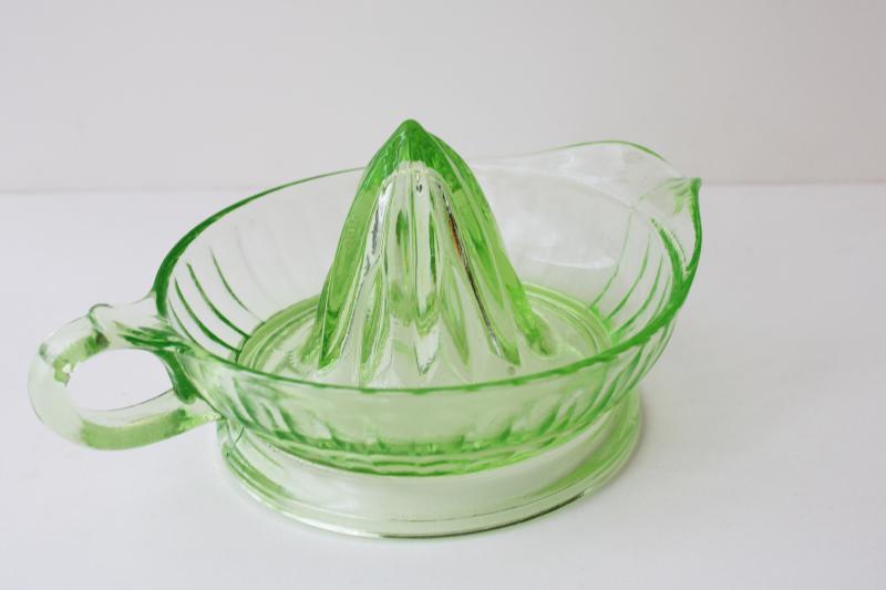 1930s green depression uranium glass reamer juicer, vintage kitchen glassware