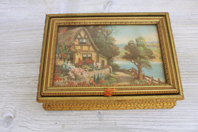 1930s or 40s vintage wood jewelry / trinket box, cottage scene litho print in frame