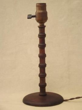 1930s table lamp, wood spool furniture folk art made from thread spools