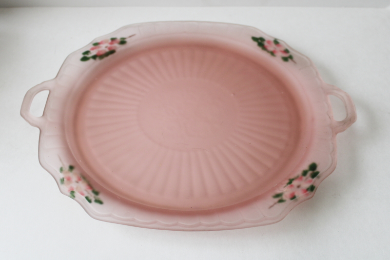 1930s vintage Anchor Hocking Mayfair pink depression frosted glass cake plate hand painted