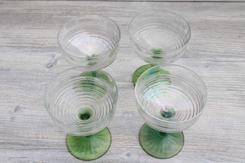 1930s vintage Anchor Hocking circle pattern stemware, iridized green stem champagne glasses
