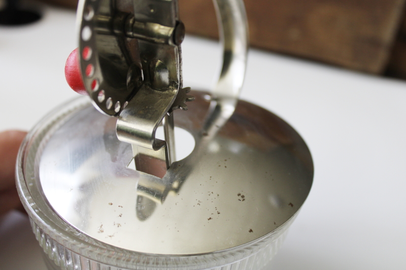 1930s vintage Androck egg beater  round glass bowl beater jar, deco hand crank mixer