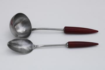 1930s vintage Androck kitchen utensils, art deco bullet handles dark red bakelite