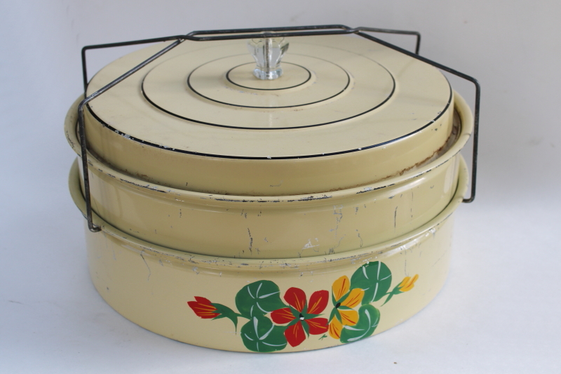 1930s vintage Carlton metal cake carrier keeper tin, hand painted nasturtiums
