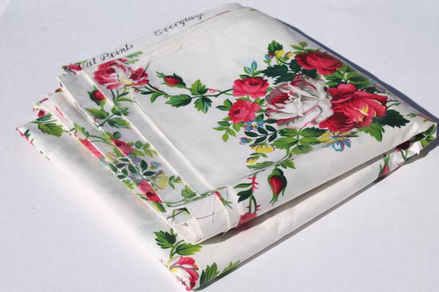 1930s vintage Everglaze polished cotton chintz fabric, rose floral lattice print