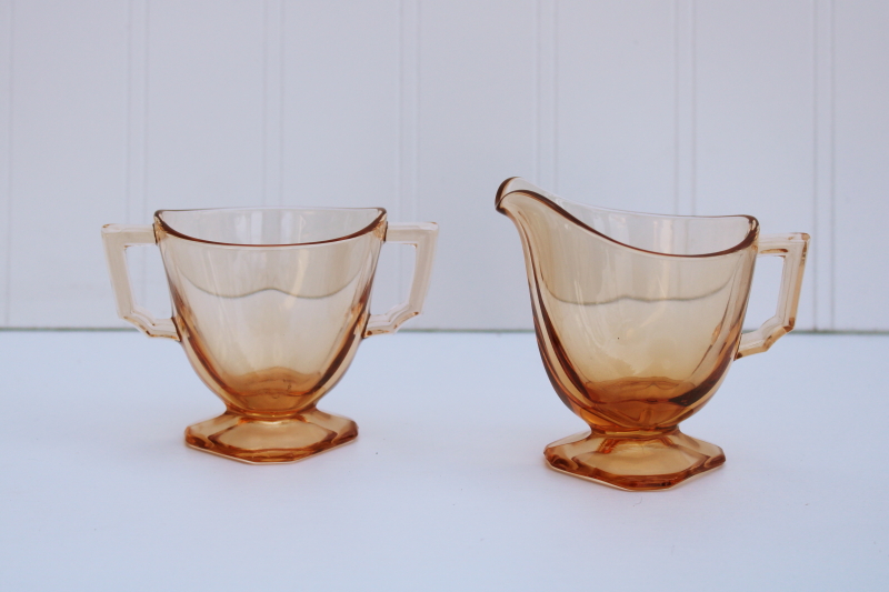 1930s vintage Fostoria Mayfair art deco depression glass mini cream sugar set, amber glass