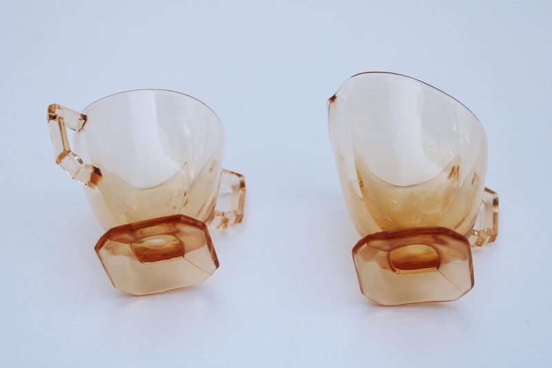 1930s vintage Fostoria Mayfair art deco depression glass mini cream sugar set, amber glass