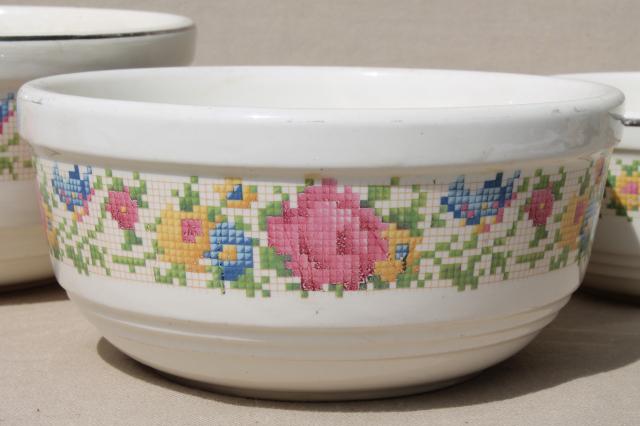 1930s vintage Harker HotOven pottery nesting mixing bowls, petit point flowers pattern
