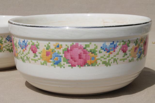 1930s vintage Harker HotOven pottery nesting mixing bowls, petit point flowers pattern