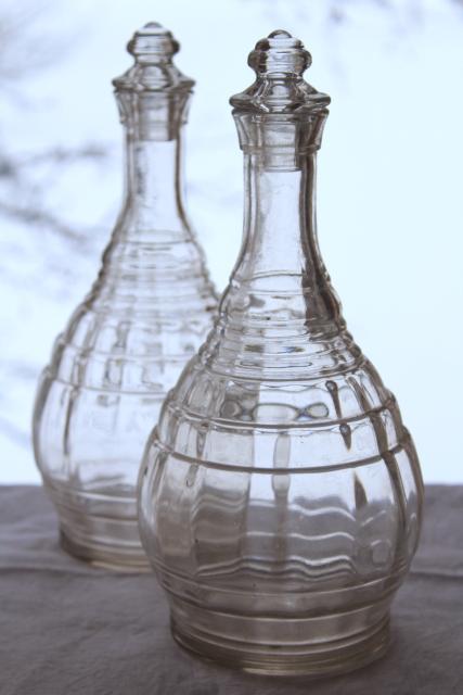 1930s vintage Hazel Atlas glass decanter bottles, art deco banded ring pattern