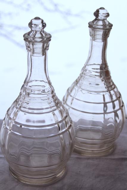 1930s vintage Hazel Atlas glass decanter bottles, art deco banded ring pattern