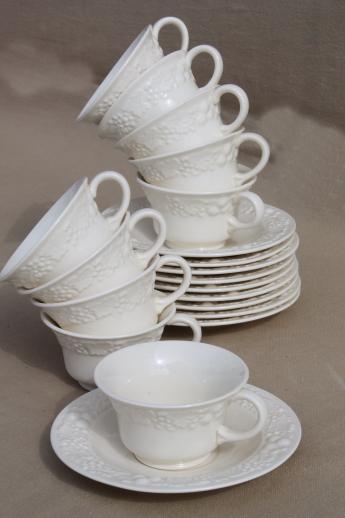 1930s vintage Homer Laughlin eggshell china, antique creamware cups & saucers embossed fruit