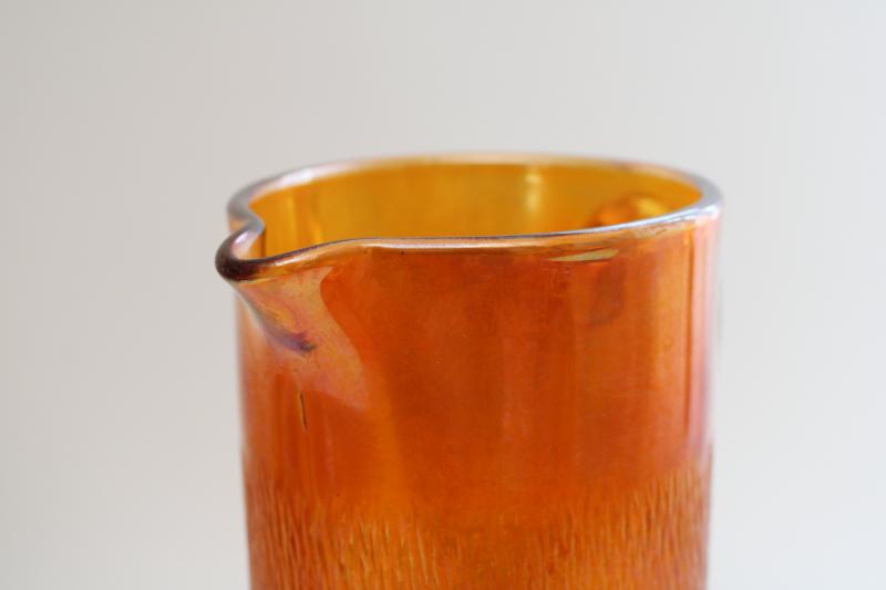1930s vintage Jeannette carnival glass marigold orange luster, tree bark pitcher