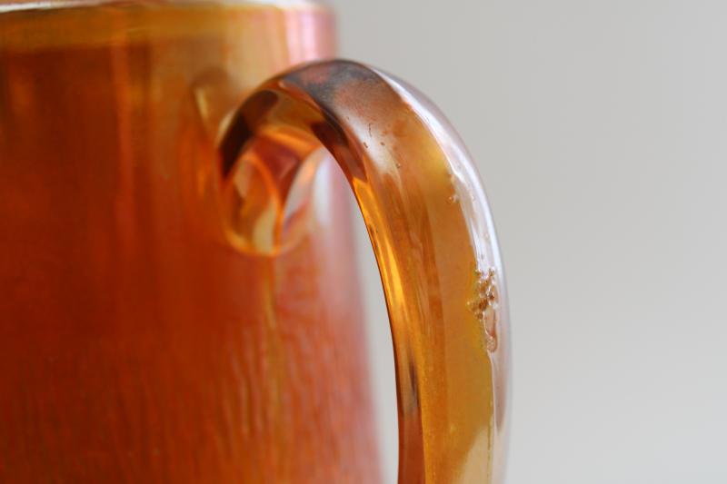 1930s vintage Jeannette carnival glass marigold orange luster, tree bark pitcher