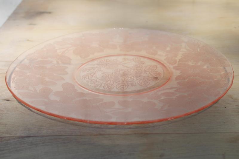 1930s vintage Macbeth Evans pink depression glass cake plate, dogwood pattern salver