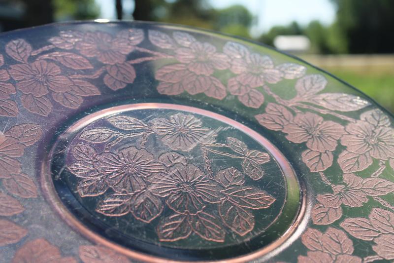 1930s vintage Macbeth Evans pink depression glass cake plate, dogwood pattern salver