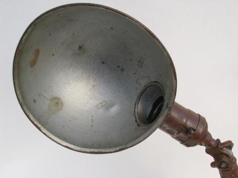 1930s vintage Miller work table lamp w/ pivot, industrial metal helmet shade