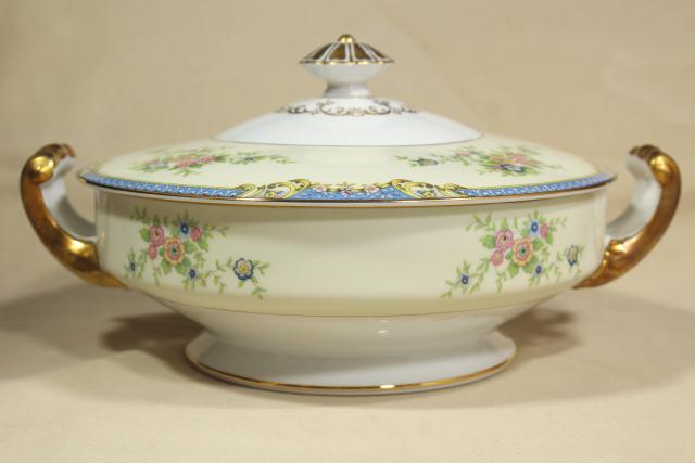 1930s vintage Noritake china covered dish or tureen, hand painted Azure pattern M mark