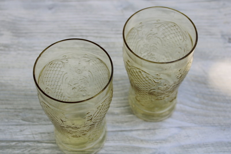 1930s vintage Normandie depression glass tumblers, iced tea glasses yellow amber glass