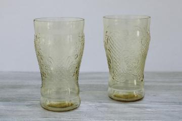 1930s vintage Normandie depression glass tumblers, iced tea glasses yellow amber glass