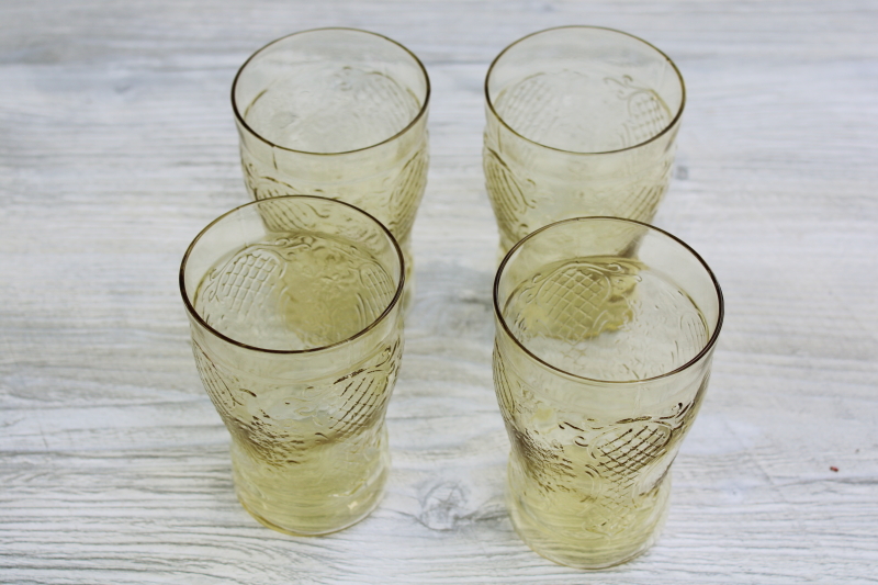 1930s vintage Normandie depression glass tumblers set of four, yellow amber glass
