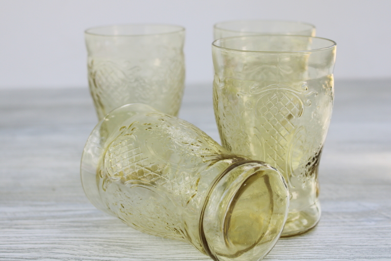 1930s vintage Normandie depression glass tumblers set of four, yellow amber glass