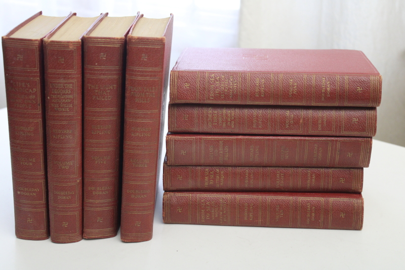 1930s vintage Rudyard Kipling collection, arts  crafts style red leatherette books