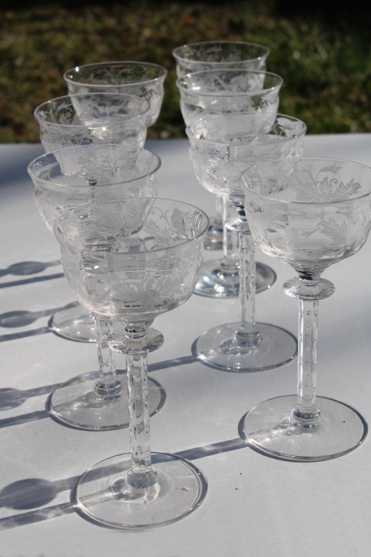 1930s vintage Tiffin etched glass cocktail glasses, Cadena pattern floral etch fancy stems