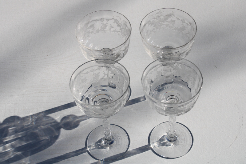 1930s vintage Tiffin etched glass coupe champagne glasses, Cadena pattern floral etch fancy stems
