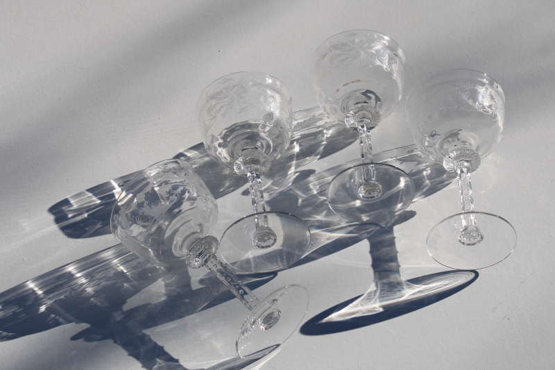 1930s vintage Tiffin etched glass coupe champagne glasses, Cadena pattern floral etch fancy stems