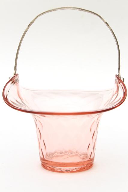 1930s vintage art deco glass brides basket w/ silver plated handle, pink depression glass