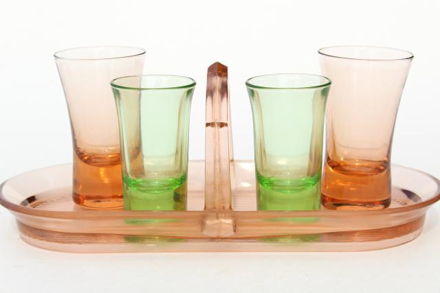 1930s vintage art deco shot glasses and tray, pink & green depression glass