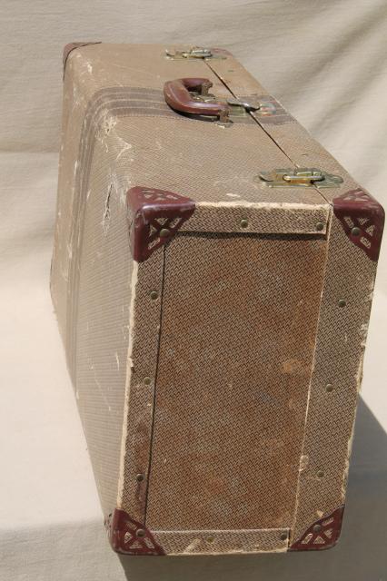 1930s vintage cardboard suitcase, shabby old depression era luggage, very rough
