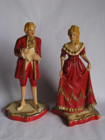 1930s vintage chalkware figures, hand-painted french colonial couple