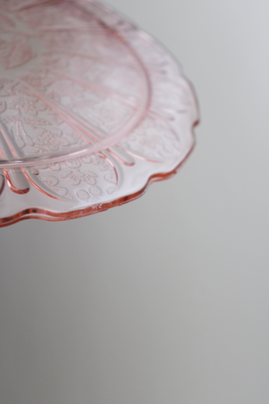 1930s vintage cherry blossom pattern cake plate, blush pink depression glass