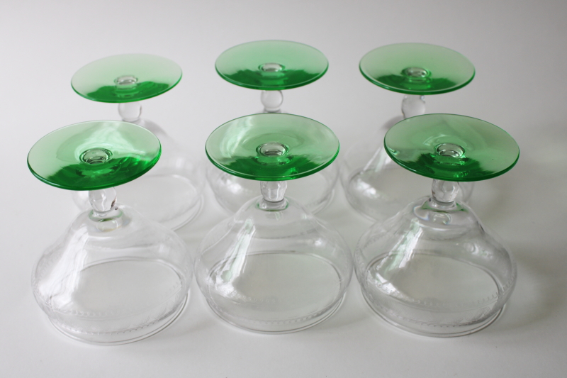 1930s vintage cocktail glasses or sherbet dishes, uranium green depression glass etched bowl